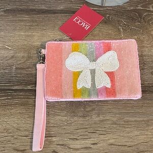 BACCI Beaded Pink and Multicolor Stripe Clutch with White Bead Bow 7.5x5